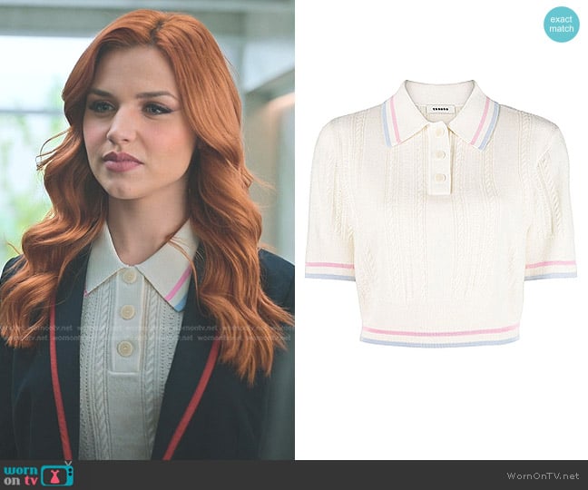 Chloe’s white cable knit polo on Elite