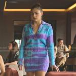 Sara’s blue and purple tie dye cable knit sweater and skirt on Elite