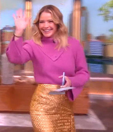 Sara's pink ribbed cowl neck sweater on The View