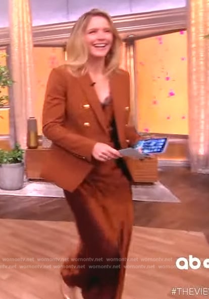 Sara’s brown blazer and lace trim dress on The View