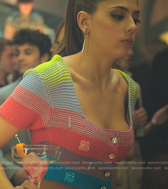 Sara's rainbow knit cropped top and skirt on Elite