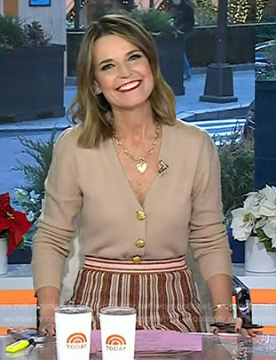 Savannah’s beige cardigan and metallic striped skirt on Today