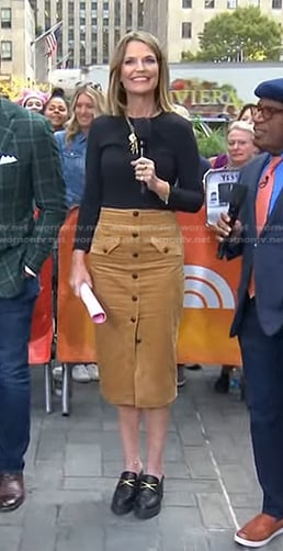 Savannah’s beige corduroy skirt and loafer mules on Today