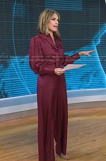 Savannah’s burgundy tie neck blouse and pants on Today