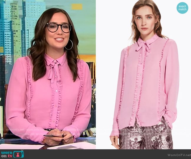 Scotch and Soda Ruffle Trim Tie Neck Top worn by Savannah Sellers on NBC News Daily