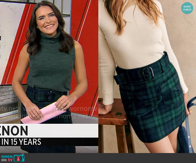 Sezane Gillie Skirt in Navy Tartan worn by Lilia Luciano on CBS Mornings