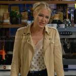 Sharon’s floral top and cream moto jacket on The Young and the Restless