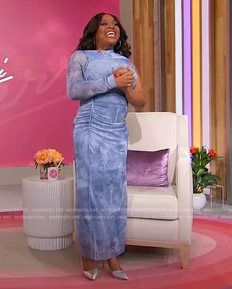 Sherri's blue ruched one sleeve dress on Sherri