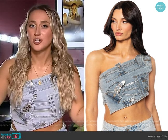 Shop Akira Kenley Buckle Detail Metallic Crop Top worn by Ashley Cooke on Access Hollywood