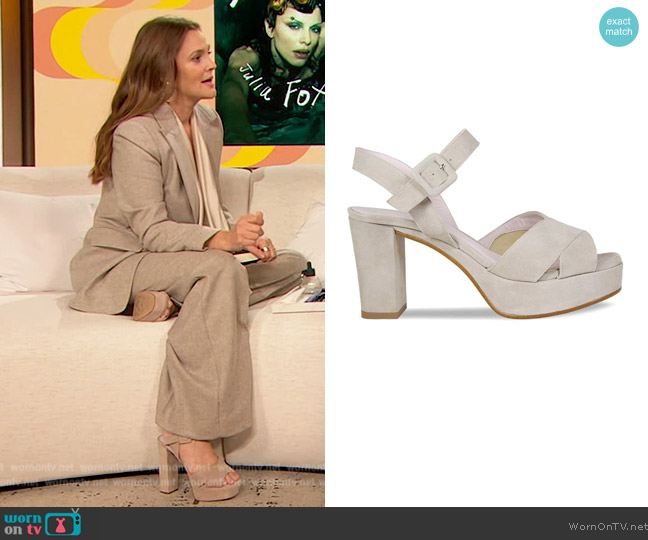 Sole Bliss Ruby Sandals in Pale Taupe Suede worn by Drew Barrymore on The Drew Barrymore Show