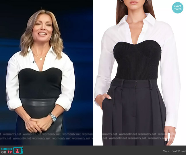 Staud Hazel layered ribbed wool-blend and cotton-poplin top worn by Kit Hoover on Access Hollywood