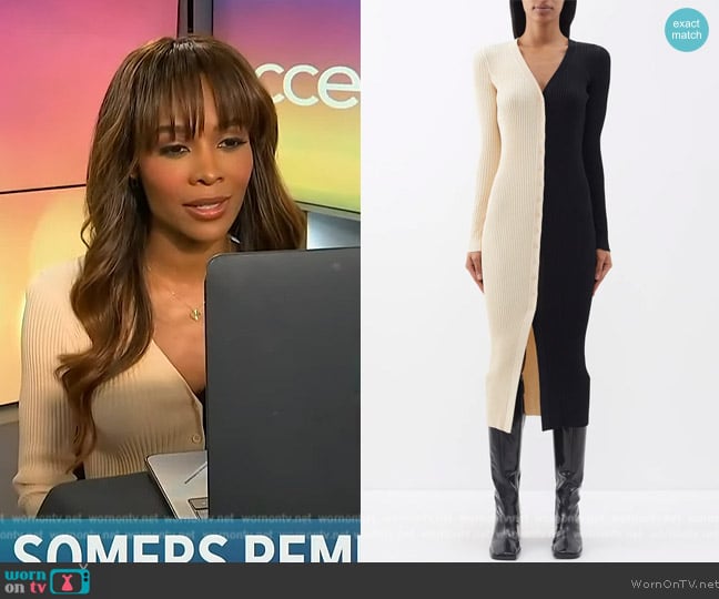 Staud Shoko two-tone ribbed-knit dress worn by Zuri Hall on Access Hollywood