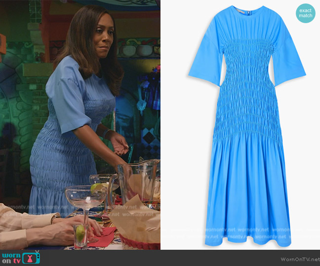 Lola’s blue smocked front dress on All Rise