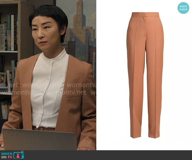 Stella McCartney Wool Straight-Leg Pants in Caramel worn by Stella Bak (Greta Lee) on The Morning Show