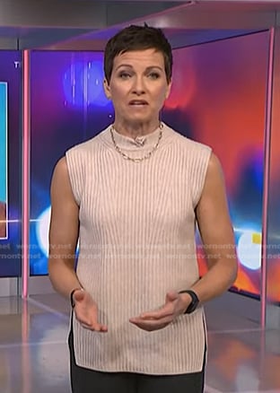 Stephanie’s beige ribbed sleeveless sweater on NBC News Daily