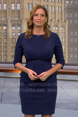 Stephanie Abrams’ navy peplum dress on CBS Mornings