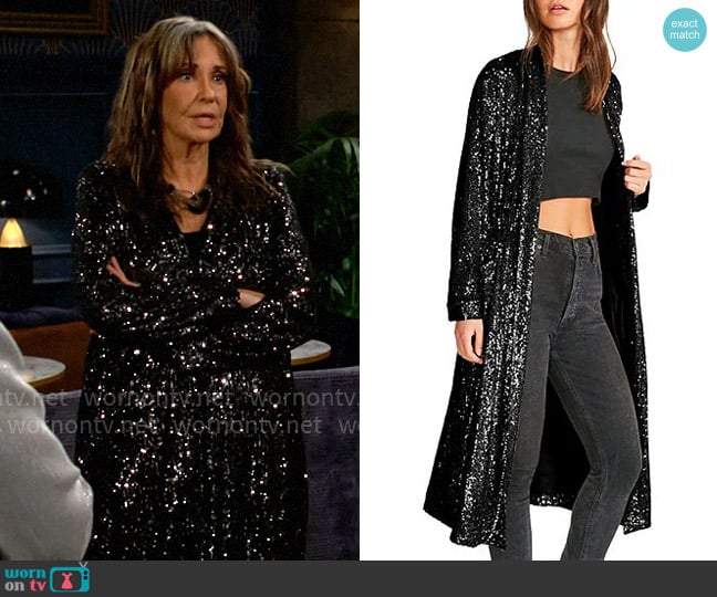 Steve Madden The Show Stopper Open Front Long Sleeve Sequin Statement Duster worn by Jill Abbott (Jess Walton) on The Young and the Restless