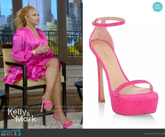 Stuart Weitzman Nudistcurve Hollywood Embellished Platform Ankle-Strap Sandals worn by Gizelle Bryant on Live with Kelly and Mark