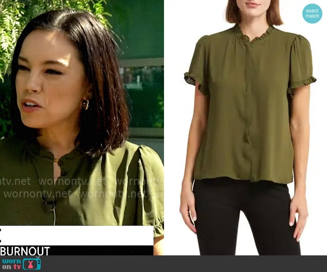 T Tahari Ruffle Trim Top worn by Jo Ling Kent on CBS Mornings