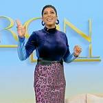 Tamron’s blue velvet top and jacquard skirt on Tamron Hall Show