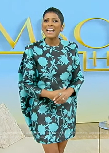 Tamron’s black and blue floral print mini dress on Tamron Hall Show