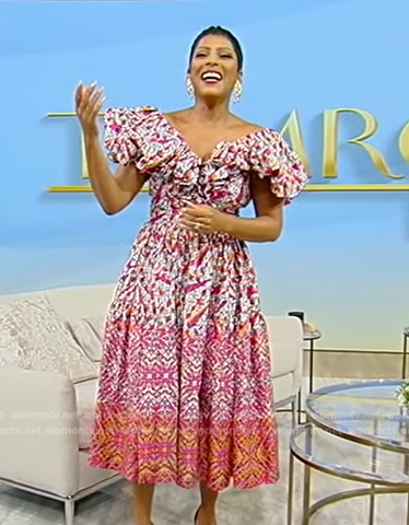 Tamron's floral print off shoulder dress on Tamron Hall Show