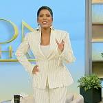 Tamron’s white pinstripe lace-up blazer on Tamron Hall Show