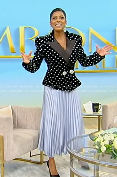 Tamron’s black polka dot velvet blazer on Tamron Hall Show