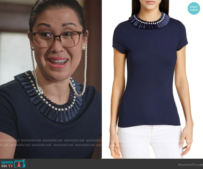 Ted Baker Nikita Blue Embellished Neck Fitted Tee worn by Sherri Kansky (Ruthie Ann Miles) on All Rise