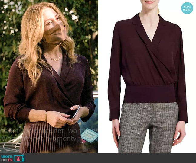 Theory Long Sleeve Silk Wrap Effect Blouse worn by Salma (Sasha Alexander) on The Morning Show