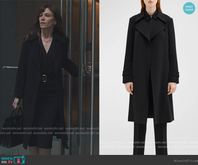 Theory Oaklane Trench worn by Wendy Rhoades (Maggie Siff) on Billions