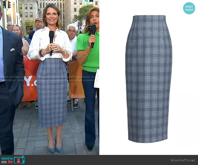 Thom Browne Plaid Wool-Blend Midi-Skirt in Deep Blue worn by Savannah Guthrie on Today