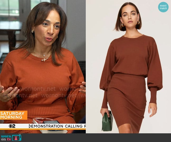 Toccin x RTR Brown Sweater Dress worn by Michelle Miller on CBS Mornings