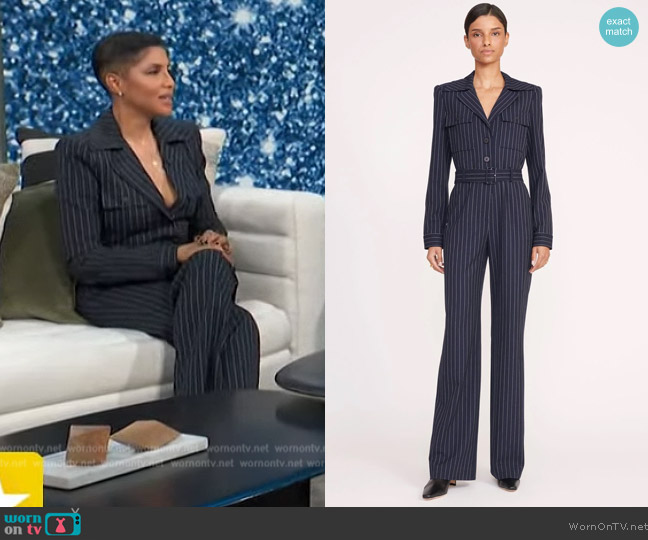 Staud Ramble Jumpsuit in Navy Pinstripe worn by Toni Braxton on Access Hollywood