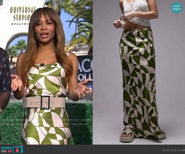 Topshop Geo Print Bias Cut Satin Maxi Skirt worn by Zuri Hall on Access Hollywood