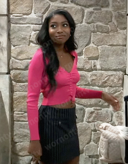 Trina's pink ruched front top and pinstriped skirt on General Hospital