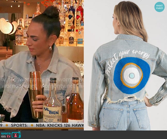 Trio Urban PROTECT YOUR ENERGY Denim Crop Jacket worn by Michelle Miller on CBS Mornings