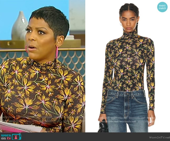 Ulla Johnson Aurelia floral-print stretch-jersey turtleneck top worn by Tamron Hall on Tamron Hall Show