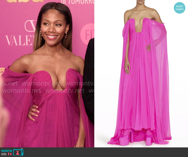 Valentino Garavani Plunging Off-The-Shoulder Silk Cape Gown worn by Christina Hunter (Nicole Beharie) on The Morning Show