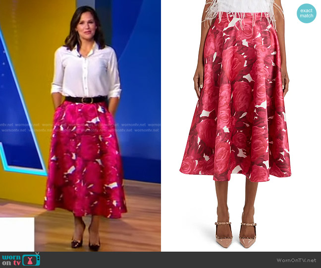 Valentino Garavani Rose Print A-Line Midi Skirt worn by Jennifer Garner on Good Morning America