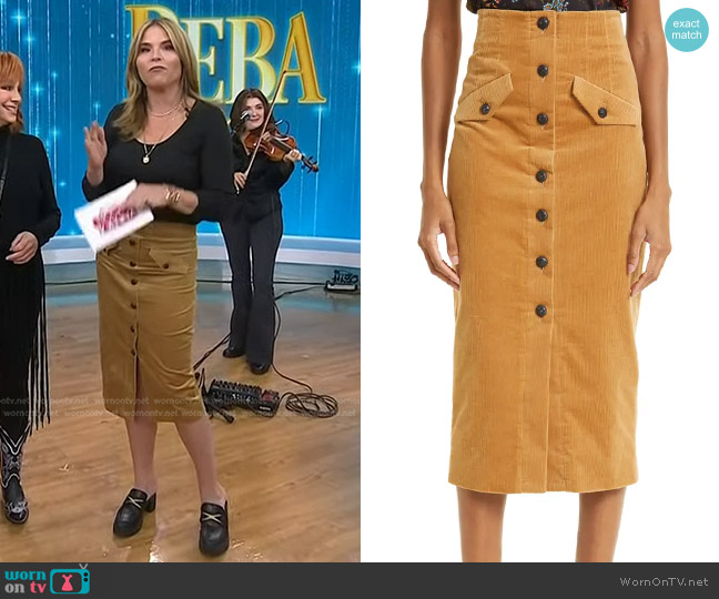 Veronica Beard Barrie Corduroy Midi Skirt in Khaki worn by Jenna Bush Hager on Today