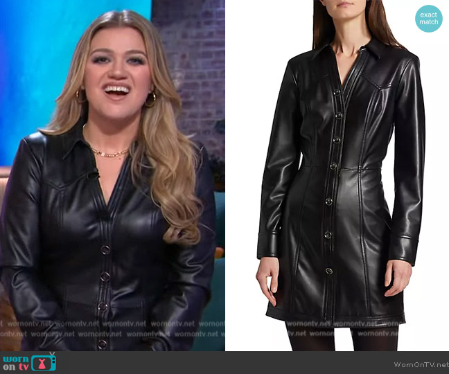 Veronica Beard Garret Long Sleeve Faux Leather Coat Dress worn by Kelly Clarkson on The Kelly Clarkson Show