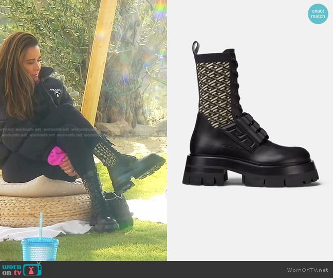 Versace Leonidas Leather Biker Boots in Black+khaki worn by Kyle Richards on The Real Housewives of Beverly Hills