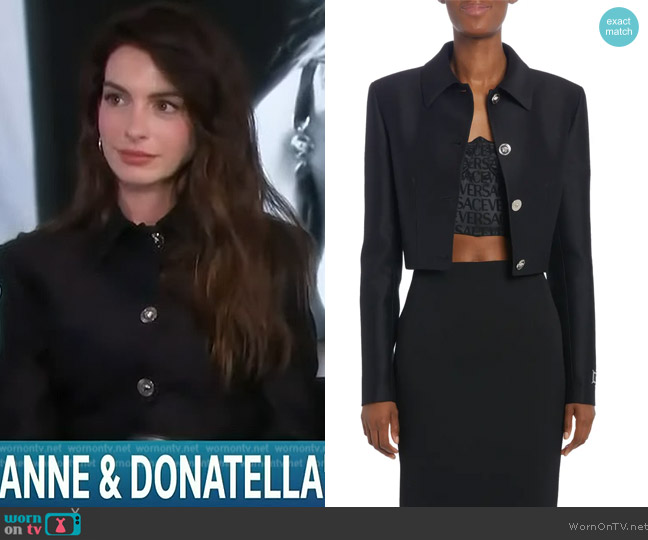 Versace Medusa Crop Wool & Silk Jacket worn by Anne Hathaway on Access Hollywood