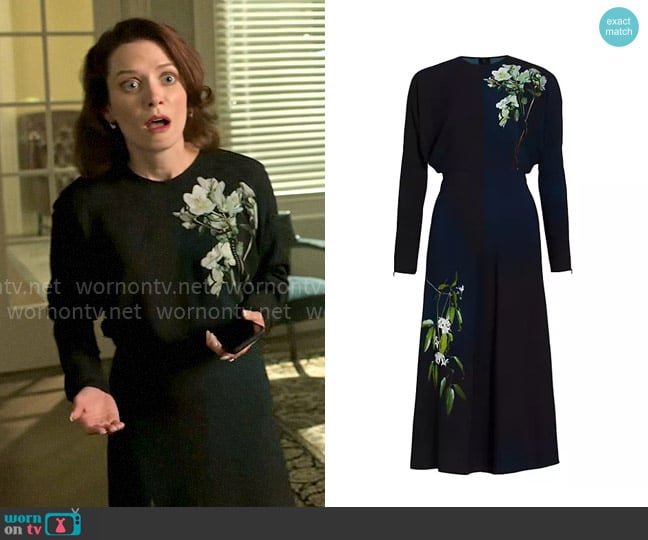 Victoria Beckham Floral-Printed Dolman-Sleeve Midi-Dress worn by Charlotte Collins (Lara Jean Chorostecki) on Chucky