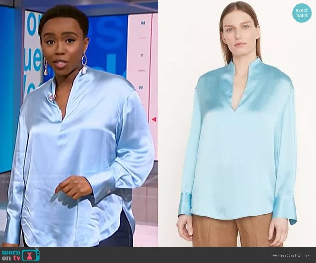 Vince Silk Long Sleeve Split-Neck Top in Light Lagoon worn by Zinhle Essamuah on NBC News Daily