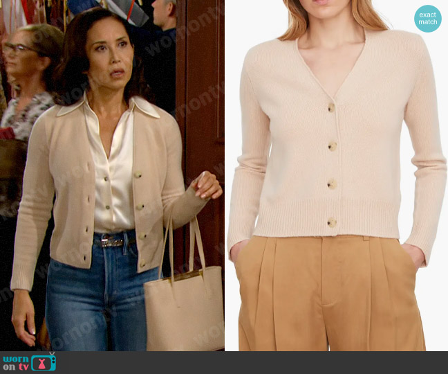 Vince V-Neck Cashmere Cardigan in Praline worn by Li Finnegan (Naomi Matsuda) on The Bold and the Beautiful