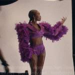 Vivian’s purple feather embellished modelling outfit on American Horror Stories