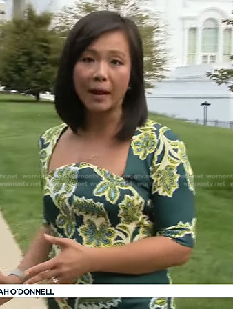 Weijia Jiang's green floral print dress on CBS Evening News