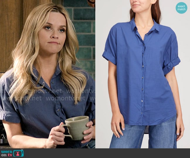 Xirena Channing Shirt in Blue Capri worn by Bradley Jackson (Reese Witherspoon) on The Morning Show